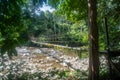 Suspension bridge across mountain river with rocks in tropical forest at the Mulu national park Royalty Free Stock Photo