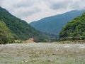 Suspension bridge across the river. Bottom view