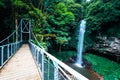 Suspension bridge in the australian jungle with waterfall