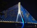 Suspension bridge colorfully lighted up at night in the city Royalty Free Stock Photo