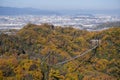 Suspension Bridge in Deciduous Forest of Hoshida Park during Autumn Foliage