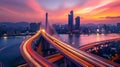 Suspension Bridge at Dusk in City./n