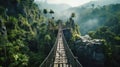 Suspension bridge in jungle, perspective view of hanging wood footbridge in tropical forest. Scenery of trees, mountain and sky in