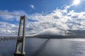 The suspension bridge through Kvalsundet strait in Kvalsund County of Norwegian Finnmark, as seen from the mainland via of Kvaloya