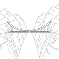 Suspension bridge line drawing features two sections spanning a steep, narrow Royalty Free Stock Photo