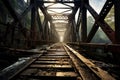 Suspension Bridge. old rusty aged railroad bridge over a river. sunny sky.