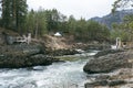 suspension bridge over mountain river. altai chemal Royalty Free Stock Photo