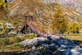 Suspension bridge over a mountain river in a gorge