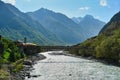 Suspension bridge over the Terek River in the village of Upper Balkaria