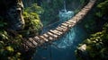 Suspension bridge over water in jungle, hanging wood footbridge in tropical forest in summer. Scenery of trees, foliage and river Royalty Free Stock Photo