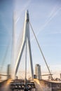 Suspension bridge showing cables and sunset sky during golden hour. Royalty Free Stock Photo