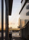 Suspension bridge sunset sky during golden hour. Royalty Free Stock Photo