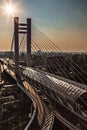 Suspension bridge at sunset urban modern landmark aerial view