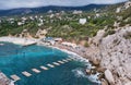 Suspension bridge to Diva rock, Black Sea coast, near Yalta, Crimea. Panorama of the town of Simeiz