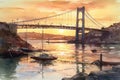 Suspension bridge watercolor drawing painting at sunset.