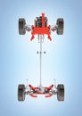 Suspension of the car with wheel and engine Undercarriage in detail bottom view isolated on blue gradient background 3d