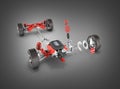 Suspension of the car with wheel and engine Undercarriage in detail isolated on black gradient background 3d