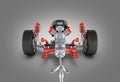 Suspension of the car with wheel and engine Undercarriage in detail isolated on gray gradient background 3d