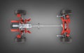 Suspension of the car with wheel and engine Undercarriage in detail top view isolated on black gradient background 3d