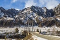 Suspension road bridge over Katun in the Chemalsky district of the Altai Republic in winter