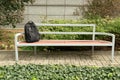 Suspicious Backpack on Bench, Threat Bag, Warning Symbol Royalty Free Stock Photo