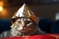 suspicious cat wearing foil hat, neural network generated photorealistic image