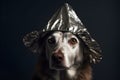 suspicious dog wearing foil hat, neural network generated photorealistic image