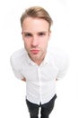 Suspicious glance. Man well groomed unbuttoned white collar elegant shirt isolated white background. I suspect you Royalty Free Stock Photo