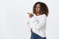 Suspicious hesitant unsure triggered african-american questioned woman plus-size wear white sweater look doubtful ask