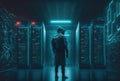 Suspicious man, standing inside data server room. Hacking concept.