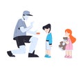 Suspicious Man Stranger Offering Candy to Little Boy and Girl Vector Illustration