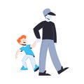 Suspicious Man Stranger Pull Little Boy by Hand Vector Illustration