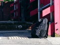 Suspicious rucksack left on railway platform medium shot Royalty Free Stock Photo