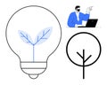 Sustainability Concept with Tree Inside Light Bulb and Professional at Work with Laptop Royalty Free Stock Photo