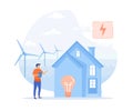 Sustainability, Energy efficiency in household and industry. Characters using green electricity, windmills and solar panels