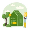 Sustainability illustration. Energy efficiency in household and industry. Person checks heating meter and calculates
