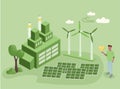 Sustainability illustration in flat style. ESG, green energy, sustainable industry with windmills and solar energy Royalty Free Stock Photo