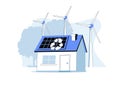 Sustainability illustration set. Characters reduce energy consumption at home, unplug appliances and use energy saving