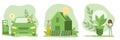 Sustainability illustration set in flat style. Energy saving light bulb, electric vehicle, solar panels. Green Royalty Free Stock Photo