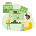 Sustainability illustration in flat style. Energy efficiency in household and industry. Person checks heating meter and