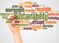 Sustainability word cloud and hand with marker concept Royalty Free Stock Photo