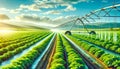 Sustainable Agriculture - Irrigation System Watering Crops on a Sunny Day