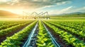 Sustainable Agriculture - Irrigation System Watering Crops on a Sunny Day