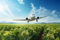 Sustainable aviation fuel concept. Net zero emissions flight. Sustainability transportation. Eco-friendly aviation fuel. Royalty Free Stock Photo