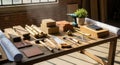 Sustainable building materials and tools on workshop table in sunlight Royalty Free Stock Photo
