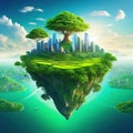 Sustainable cityscape with floating island with green lush Fantasy art that promotes ecological print idea for environmental ad