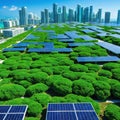 A sustainable cityscape with solar panels and green roofs under a clear blue showcasing sustainable urban