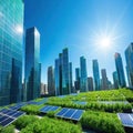 A sustainable cityscape with solar panels and green roofs under a clear blue showcasing sustainable urban