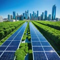 A sustainable cityscape with solar panels and green roofs under a clear blue showcasing sustainable urban