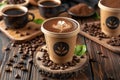 Sustainable compostable coffee cup with kraft sleeve and coffee beans displayed in front view Royalty Free Stock Photo
